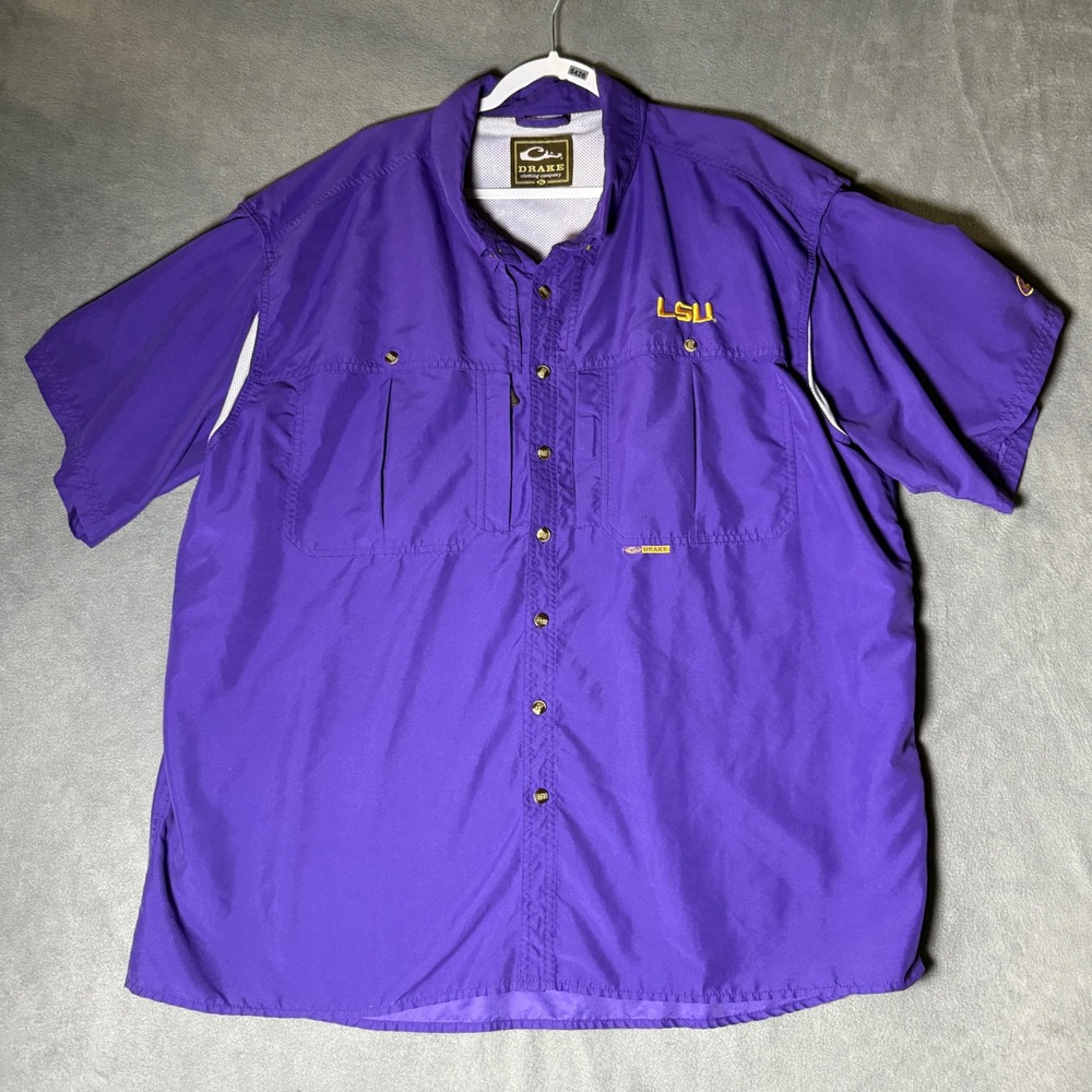 Drake Waterfowl LSU Tigers Mens Purple Short Sleeve Fishing Shirt XL Ventilated